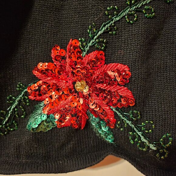 Poinsettia Sequin Cardigan Sweater Quacker Factory Black Christmas Small - Picture 2 of 9